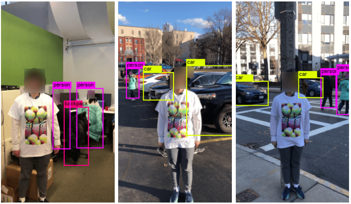 YOLO can't detect a person wearing special clothes with adversarial patterns (Source: Adversarial Texture for Fooling Person Detectors in the Physical World；Adversarial t-shirt! evading person detectors in a physical world.)
